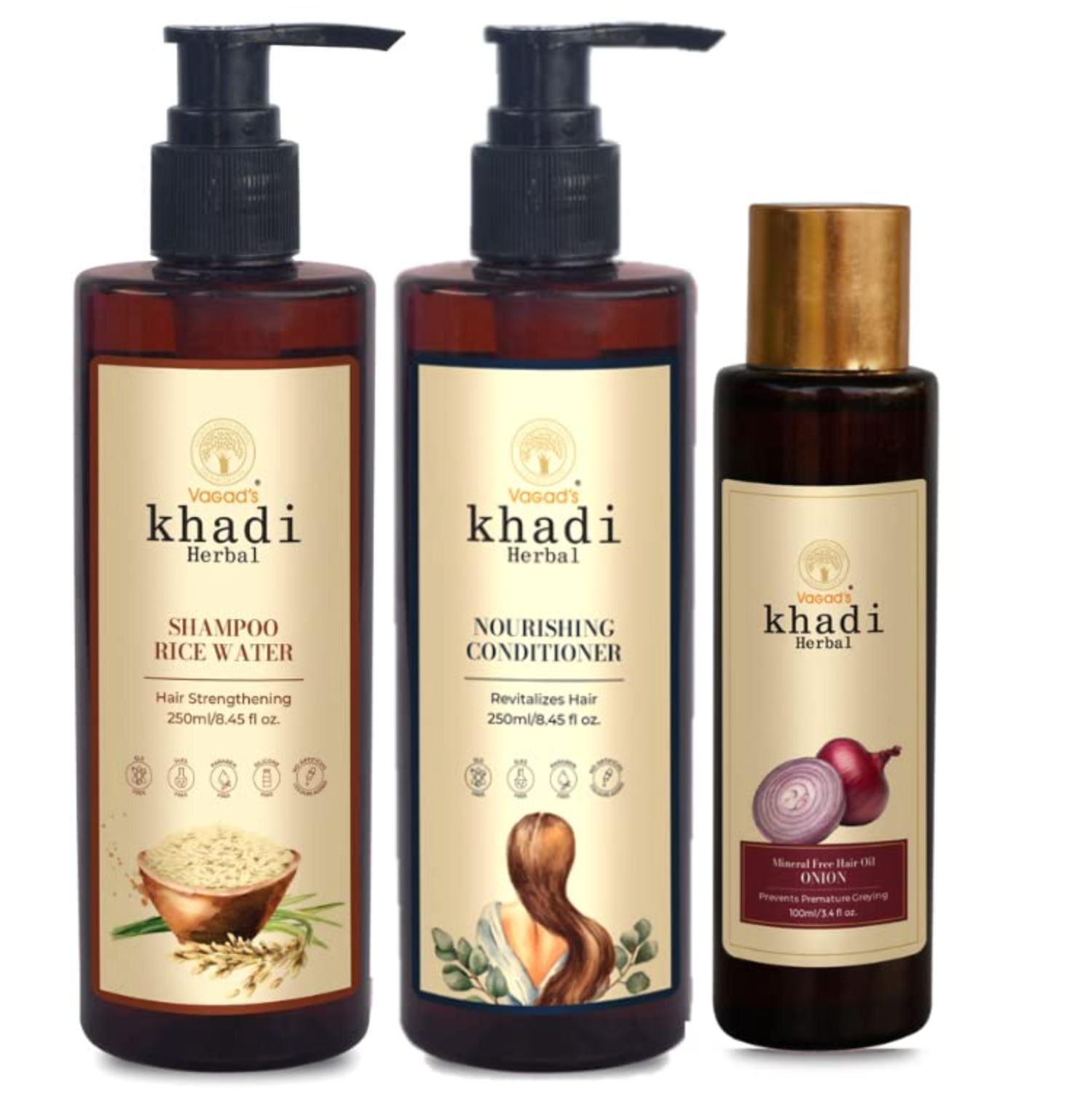 Natural Hair Combo-Rice water shampoo(250ml),Nourishing Conditioner (250ml),Onion hair oil(100ml) Repair Damaged Hair Set of 3