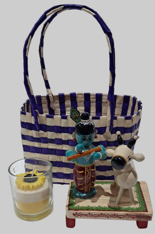 Basket with Wooden Krishna & Candle - ECOBASKETINDIA