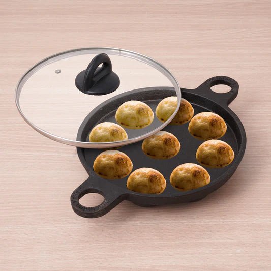 9 Pit/Cup Cast Iron Paniyaram/Appe Pan+ Glass Lid (Pre - seasoned) - ECOBASKETINDIA