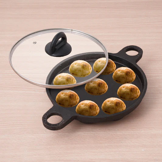 9 Pit/Cup Cast Iron Paniyaram/Appe Pan+ Glass Lid (Pre-seasoned)