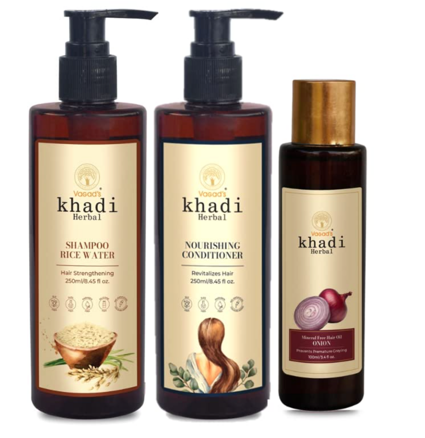 Natural Hair Combo-Rice water shampoo(250ml),Nourishing Conditioner (250ml),Onion hair oil(100ml) Repair Damaged Hair Set of 3