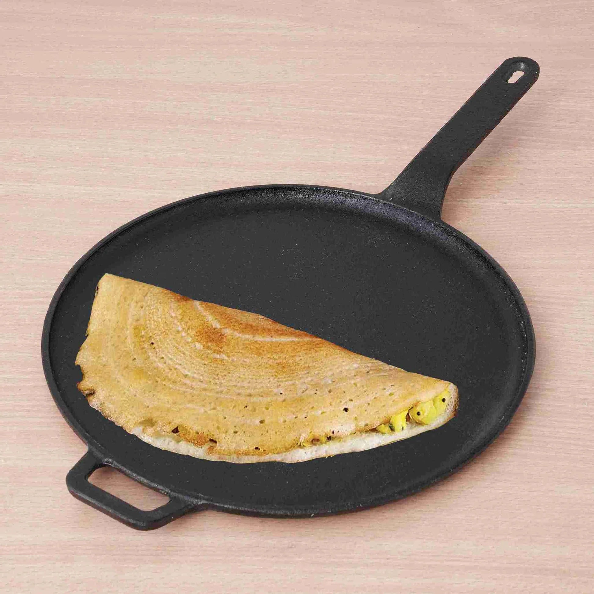 Cast Iron Tawa With Long Handle, Non - stick (Pre - seasoned) - ECOBASKETINDIA