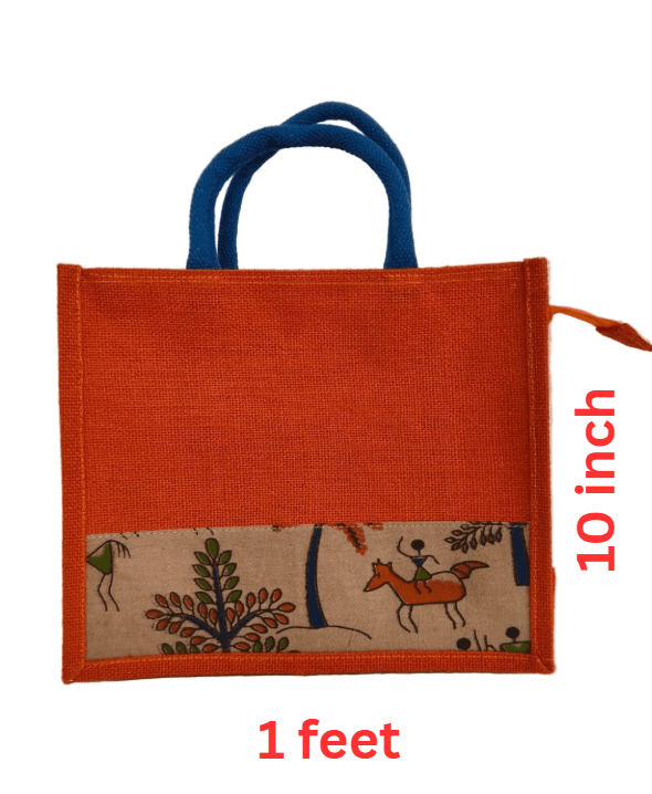 KALAMKARI JUTE BAG - ORANGE - ECOBASKETINDIA