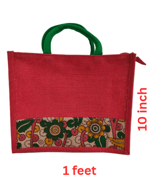 KALAMKARI JUTE BAG - RED - ECOBASKETINDIA