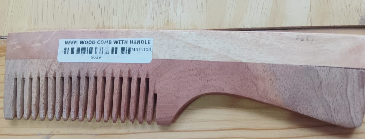 Neem Wood Comb With Handle - ECOBASKETINDIA