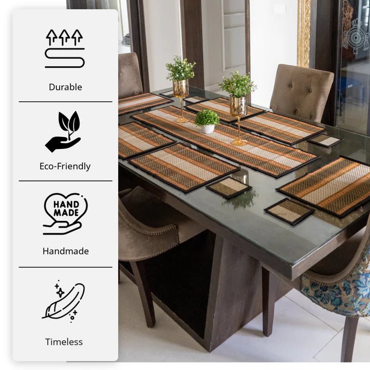 RIVER GRASS 13 PC DINING SET 1 Runner, 6 table mats and 6 Coasters - ECOBASKETINDIA