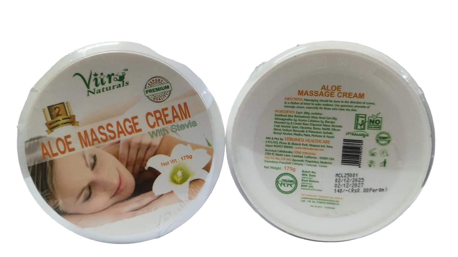 Vitro aloe massage cream with stevia - 175gm - ECOBASKETINDIA