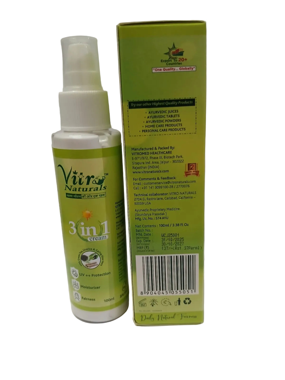 Vitro natural 3 in 1 cream (UV++ protection, moisturizer ,fairness) - ECOBASKETINDIA