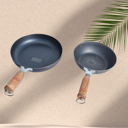 IRON Frying Pan with Wooden Handle - 7 Inch & 8 Inch Set