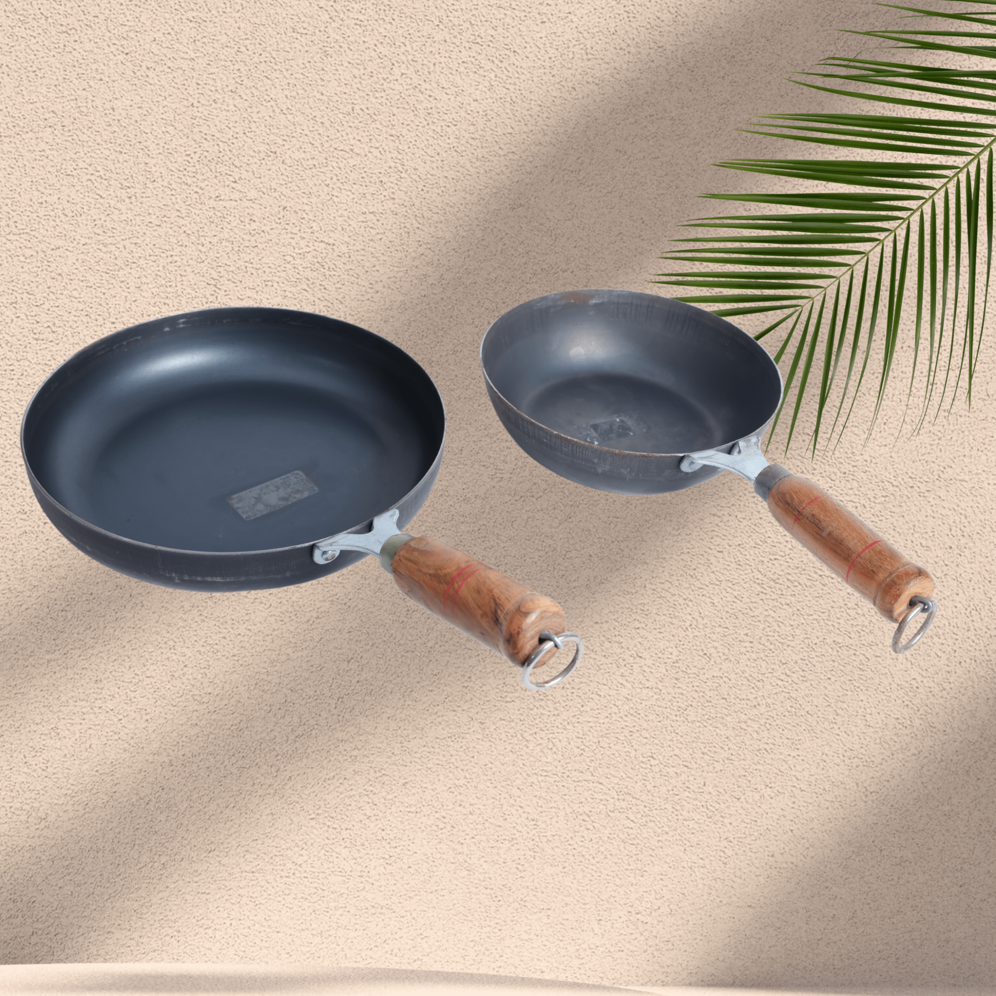 IRON Frying Pan with Wooden Handle - 7 Inch & 8 Inch Set - ECOBASKETINDIA